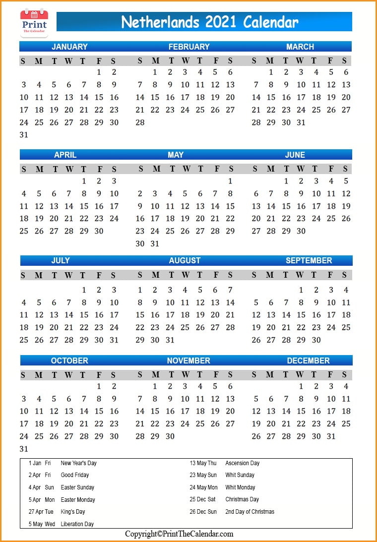 Netherlands Calendar 2021